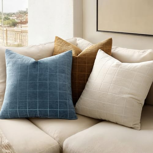 Image of MIULEE Blue Plaid Decorative Throw Pillow Covers 20x20 Set of 2 | Vintage Check Chenille Couch Pillows Neutral Boho Farmhouse Cushion Covers Modern Home Decor for Sofa Bed Living Room