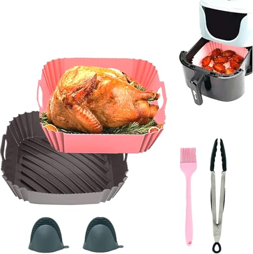 Image of Air Fryer Silicone Liners - 2 PCS Square with Oven Mitts, Basting Brush, & Tongs - Reusable Silicone Molds, Replacement for Parchment Paper