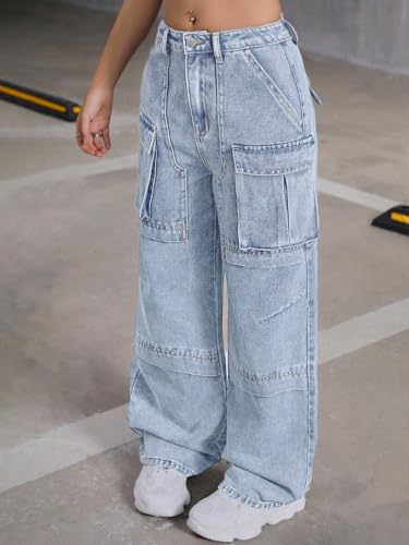 Image of GRECIILOOKS Women's Stretch Denim Wide Leg Jeans | Comfort Fit, Straight Cut, Casual Style | Baggy Cargo Style Casual Pants