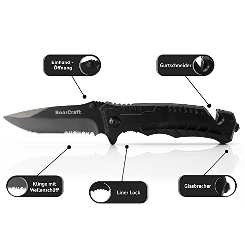 BearCraft Black Folding Knife | Sharp, Outdoor, Survival, Pocket Knife with Serrated Edge | Small, One-Hand Knife with Stainless Steel Blade and Aluminium Housing | Can be used for Work, Hiking, Camping - Image 4