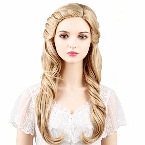 KiyaCos Long Platinum Blonde Wicked Wig Natural Wavy Good Witch Princess Wizard Fishbone Braiding Cosplay Wigs Heat Resistant Synthetic Fiber