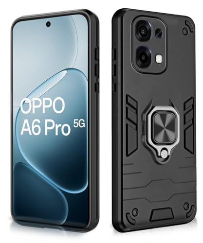 Image of WOW IMAGINE Shock Proof Back Case Mobile Cover for Oppo A6 Pro 5G | Back Cover Case (Tough Armor | Hybrid PC + TPU | Ring Holder & in-Built Kickstand | Black)