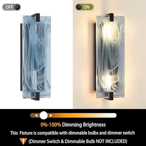 Image of 2 Pack 2 Light 15.7 inch Blue Frosted Glass Bathroom Wall Sconce Modern Concise Style Wall Light Fixture,Black Finish for Bedroom Hallway Bedside