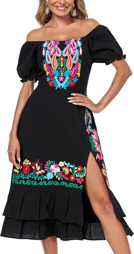 YZXDORWJ Women's Mexican Dress Boho Embroidered Sexy Ruffle Maxi Dress Short Sleeve Summer Beach Swing Wedding Party Dresses3