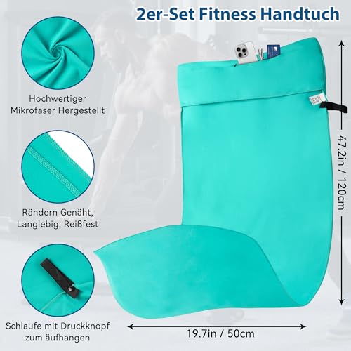 Novent Fitness Handtuch aus Mikrofaser 2er Set, 120x50cm Gym Handtuch mit Reißverschluss Tasche, Kompakt… – Ansicht 4