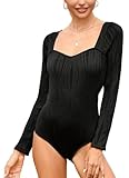 HISETPFDE Women's Swimwear Monokini Long Sleeves Zip Front Round Neck One Piece Bathing Suit Black