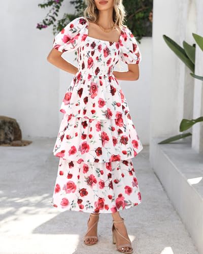 Image of BTFBM Womens Floral Smocked Summer Maxi Dresses | Square Neck Puff Short Sleeve Ruffle Tiered, 2026 Trendy Casual Sundress, Cruise Holiday Beach Vacation Wedding Guest Dress