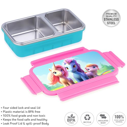 Image of Aliensware 4D Bento Kids Lunch Box with 2 Compartment, Microwave-Safe BPA Free Advance Coating Stainless Steel Kids Lunch Box, Food Grade Tiffin Box for School, College, Picnic, office-500ml(MB01-PNK)