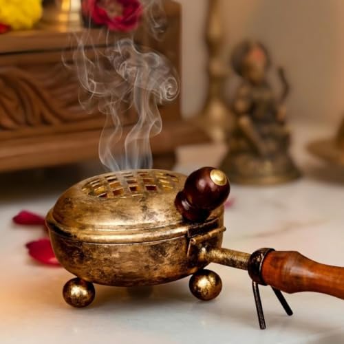 Image of ServDharm Dhoop Dani with Handle | Incense and Loban Burner Dhuni Stand for Home, Office and Temple Pooja | Metal Dhoop Dani Antique Gold, Round, 3.3 Inch |11.4 cm