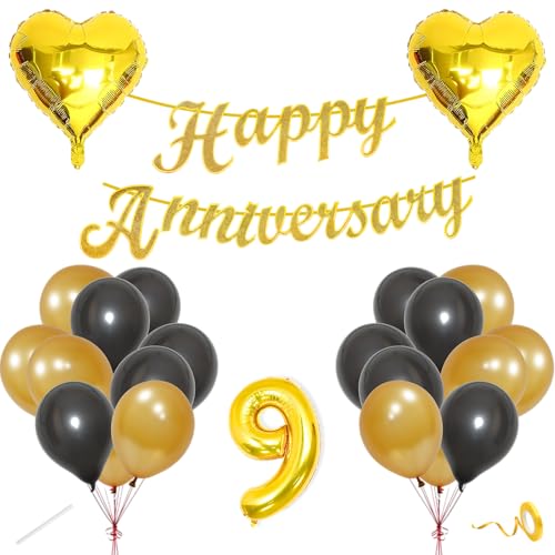 Image of Flyloons 9th Happy Anniversary Decoration Items Gold Black for Men Women Husband Wife Mom Dad Parent Couple Home Bedroom Car With 20 Pcs Metallic Balloons Anniversary Banner 2 Pcs Heart Set Kit Golden