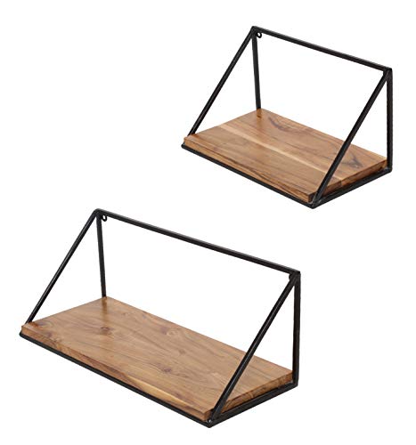 Image of Wooden Wall Mount Iron Storage /Outdoor /Garden Shelf (Acacia Wood, Natural Finish, Big & Medium)