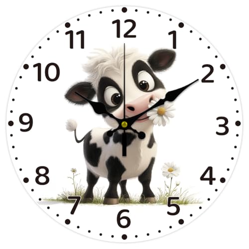 CHGCRAFT Horloge Murale Amusante de 12(5) cm Motif Vache et Fleurs Silencieuse sans Tic Tac Décorative Ronde pour Bureau Maison Salon Chambre Salle de Bain...