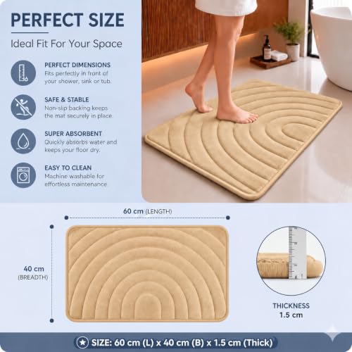 Image of Premium Memory Foam Bath Mat | 40x60cm Super Absorbent Velvet Bathroom Rug | Non-Slip Machine Washable Floor Mat (Sand Camel)