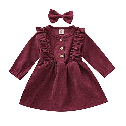 Toddler Baby Girls Corduroy Dress Ruffle Long Sleeve Button Vintage Princess Fall Winter Dress (B-Wine Red, 12-18 Months) #TOP7