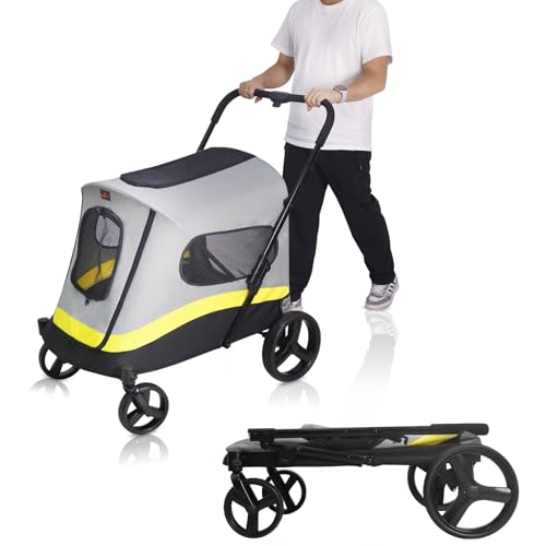 BingoPaw Passeggino pieghevole per cani di taglia grande: carrello pieghevole per cani fino a 42 kg con parapioggia, cintura di sicurezza, 4 ruote e 3 finestre a rete, passeggino per animali domestici