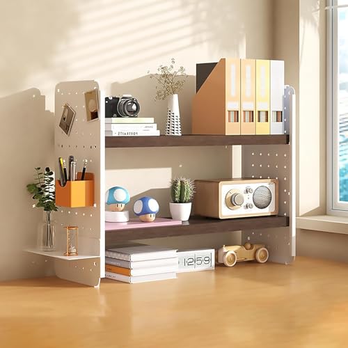 Velvaria Desktop Organizer Shelf with Pegboard 2-Tier Tabletop Bookshelf | Multi-Tier Office Desk Organizer with Hooks White Iron Bookcase for Desk Organization & Student Room(Dark Walnut 2 Layers)