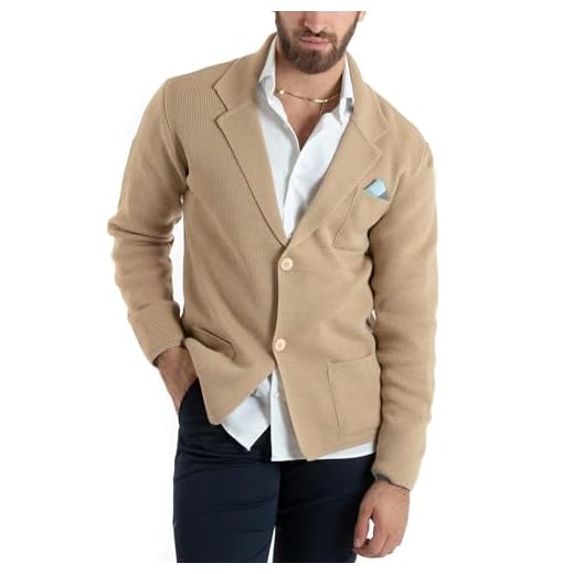 Cardigan Uomo Giacca Maglione Maniche Lunghe Taschino Tinta Unita Casual Made in Italy (S, Beige)