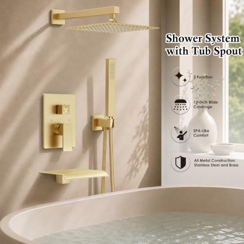 Midanya Shower System with Tub Spout,12 Inch Shower Head,Brushed Gold by Midanya - Used condition - Image 3
