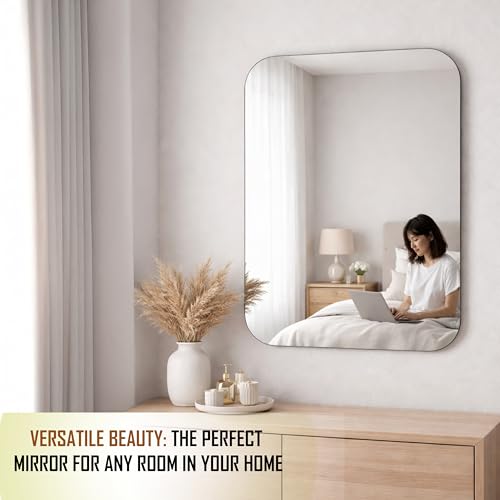 Image of Rousrie Frameless Wall Mirror for Bathroom, Glass, Modern, Clear, Rectangle, 60 x 45 Centimeters, Wall Mount (1, Rectangular)