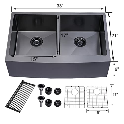 Shaco 33 Inch Black Double Farmhouse Sink, 33X21 Gunmetal Black Divided 50/50 Farmhouse Kitchen Sink, 304 Stainless Steel 9 Inch Deep Double Basin Apron Front Farm Sink For Kitchen #TOP4