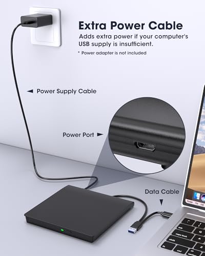 Image of ROOFULL External CD DVD Drive with Extra Power Cable for Laptop, Ultra Slim USB 3.0 Type-C Portable CD DVD Optical Disc Drive Reader Writer Burner Player for PC MacBook Windows 11 /10 /7 Mac Linux OS