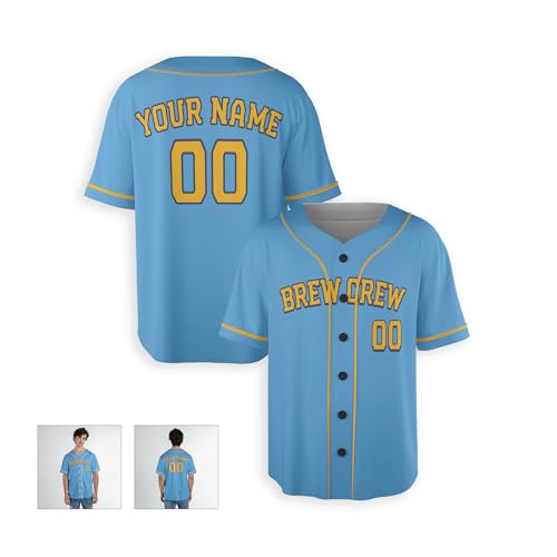 Camiseta personalizada de béisbol con impresión Brew Crew para hombre, mujer, juvenil, niños y bebés - Añade tu nombre y número - Opciones con y sin ribetes Celeste miniatura 2