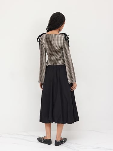 CIDER Tops Gingham Bowknot Ruched Long Sleeve Boat Neck Slim Fit Top3