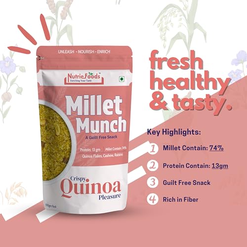 Image of Nutriefoods Millet Munch Snack, 100% Roasted Millets & Guilt Free Snack, Nutritious Munch, Bajra, Jawar, Ragi, Qquinoa, Foxtail Snack (Quinoa, Pearl and Foxtail (Pack of 3), 300gm)