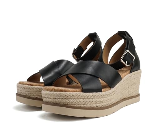 Soda “Fabian” ~ Women Square Toe Closed Back Counter Crisscross Band Platform Espadrille Wedge Sandals with Adjustable Ankle Strap4