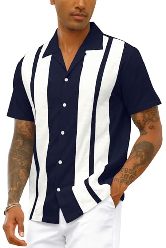 Camisa de bolos vintage para hombre, de algodón y lino, de manga corta, con botones, para verano, azul marino, XL