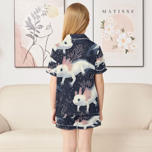 Satin Pajama Sets Short Sleeve Cute Axolotl in Darkness Button Down Silky Nightwear 2 Piece PJS 5-14Y4