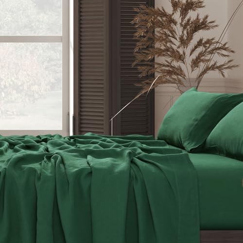 Tribeca Living 100% French Linen 4-Piece Bed Sheet Set, Jade Green, Queen Sheets - Extra Deep Pocket Bed Sheet Set, European Flax Certified, Garment Washed, Solid