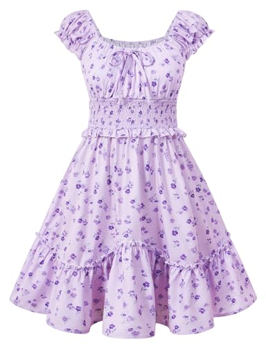 Dresses for Girls 10-12 Girl Semi Formal Sundress Floral Light Purple Summer Dress Tween Youth Girls Flowy Tiered Dress Teen Beach Ruffle Dress for Casual Vacation Beach Outfits