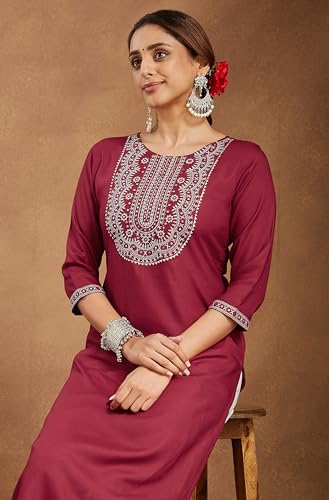 Image of Janasya Women's Rayon Embroidered Straight Kurta