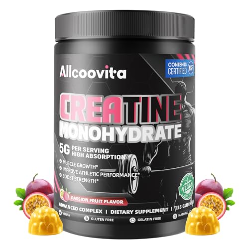 Image of Allcoovita Creatine Monohydrate Gummies for Men & Women. Boost Focus,Strength, and Endurance, Anti-Melting Formula, Vegan, Gluten-Free, Non-GMO,(Passion Fruit 135 ct)