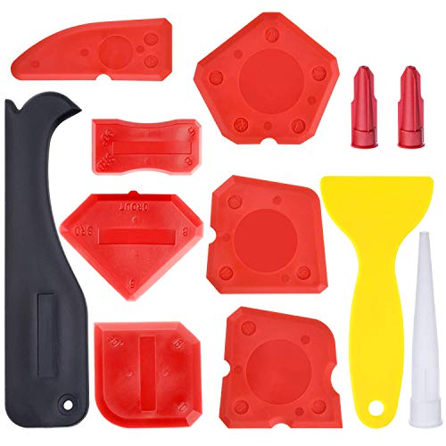 Hestya 12 Pieces Caulking Tool Kit Silicone Sealant Finishing Tool Grout Scraper Caulk Remover and Caulk Nozzle and Caulk Caps (Red)