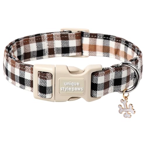 Unique Style Paws Collare in cotone con chiusura rapida - Marrone a quadri, resistente e adorabile per cani di taglia piccola, media e grande, maschi e femmine
