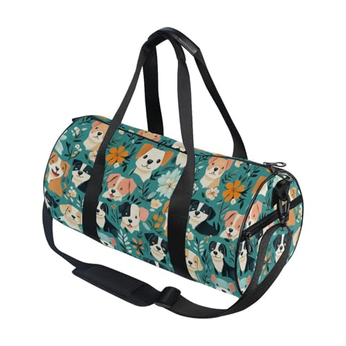 Cartoon Flower Dog Sports Duffel Bag Full Print Durable Barrel Gym Bag with Large Capacity, Adjustable Strap and Side Zippered Pocket for Fitness Sports Training and Travel