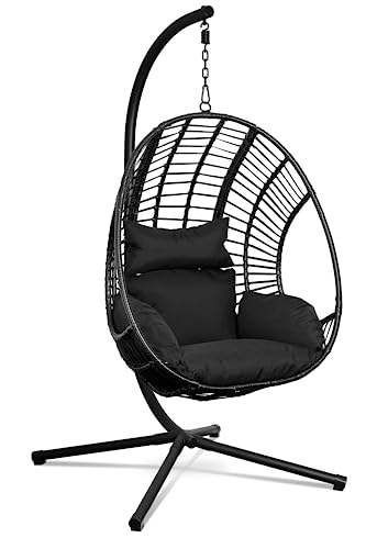 Swoods Fauteuil Suspendu Egg - Chaise Suspendue avec Support - pour Intérieur et Extérieur - INCL. Oreillers - Chaise Egg - Cocoon - Chaise Oeuf - Jusqu'à 150kg (Noir)