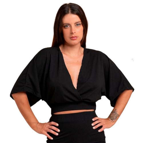 Blusa Manga Morcego Canelada Cropped Plus Size Feminina Decote V (M (40), Preta)