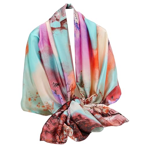 Écharpe en Soie Châle Femmes Yellow Silk Scarf Neckerchief Head Wrap Thin Ladies Beach Shawl Vintage Bridal Chiffon Muslim Colorful Cloth Belt (Peinture Rose)