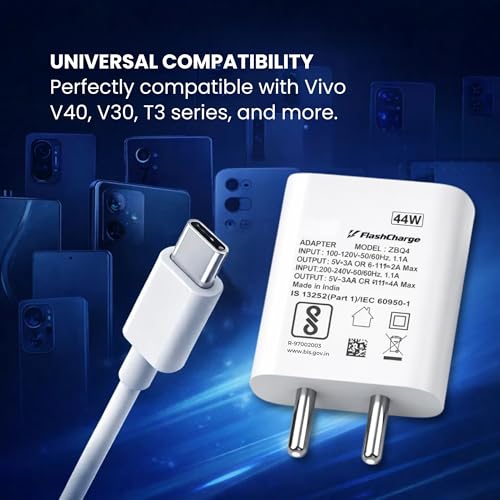 Image of 44W Type C Flash Charger Adapter Compatible with Vivo V40e /V40 /V40 Pro /V40e /Y300 5G /Y28e /Y28s /T3 Lite /Y58 /Y200 Pro /V30e /Y18i /Y18 /Y18e /V30 /V30 Pro /V29