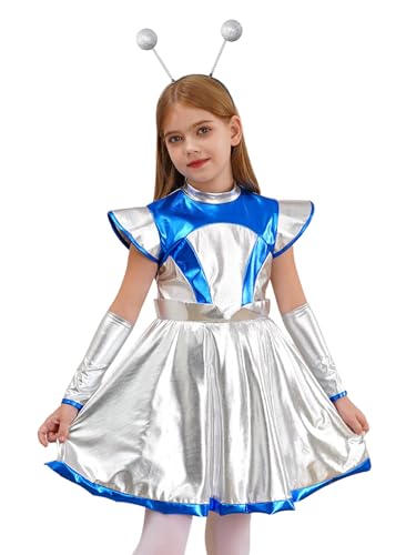 Fldy Vestido de niña espacial para niña, tocado y calentadores metálicos, brillante, para fiesta espacial, traje para niños, carnaval, Halloween, danza, plata, 110 cm-116 cm