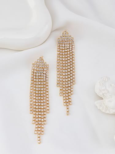 1Pair Golden Crystal Rhinestone Stud Earrings, Dangle Drop Long Tassel Earrings Simple Threader Ears for Women Elegant Gifts Personalized Jewelry, 86x15.5mm