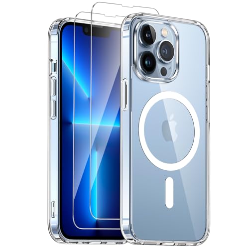 COPIKE Coque Magnétique pour iPhone 13 Pro et 2 Verres Trempés, Compatible avec MagSafe, Étui Aimantée [Anti-Jaune et Antichoc] Anti-Rayures Dos PC et Bumper TPU, Transparente