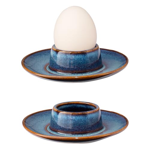 Huevera de porcelana, 2 unidades, apilable, juego de 2 con esquinas redondas, soporte para huevos reductor con estante, color azul
