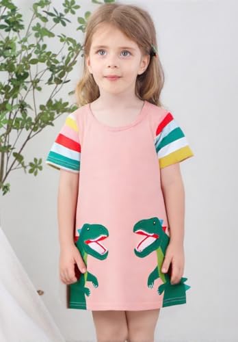 RETSUGO Little Girls A-Line Dress Cute Unicorn Rainbow Pattern Short Sleeve Casual Toddler Girl Dresses for Party 1-8 Years3