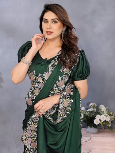 Image of Pandadi Saree Women's Satin Embroidery Work Saree With Unstitched Blouse Piece