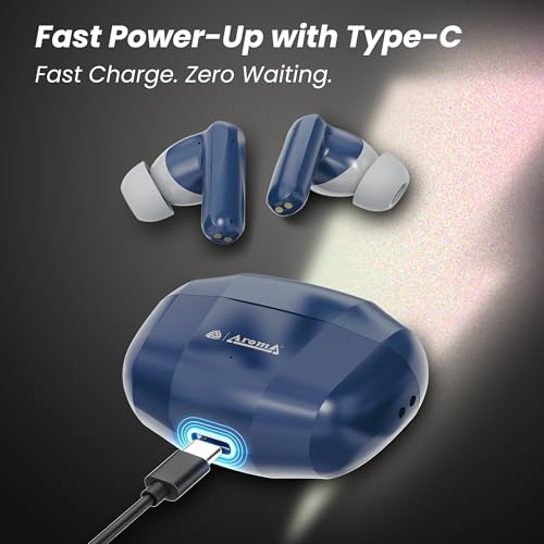 Image of AROMA TWS4 Jaguar V5.4 True Wireless Earbuds, Midnight Blue & Grey | Up to 60H Playtime, ENC, Fast Charging, Heavy Bass, Dual Pairing & Auto Connect