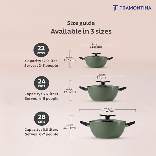 Image of TRAMONTINA Aura Extra Deep 28cm Kadai with Lid, 5.6L | Reinforced Ceramic Non-Stick Cookware | Quick & Even Heating | Low-Oil Cooking | Bakelite Handle | All Cooktop Compatible | Sea Green